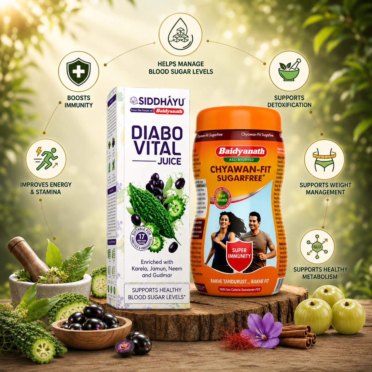 Siddhayu Baidyanath Diabo Vital Juice 1 L + Chyawanfit Sugarfree 1 Kg